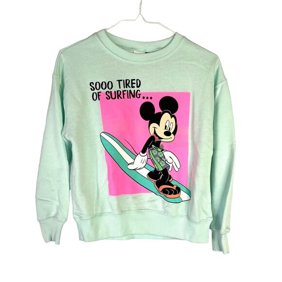 Zara Other - Zara x Disney Girl's 8-9 Mickey Mouse Surf Sweatshirt Green So Tired Of Surfing